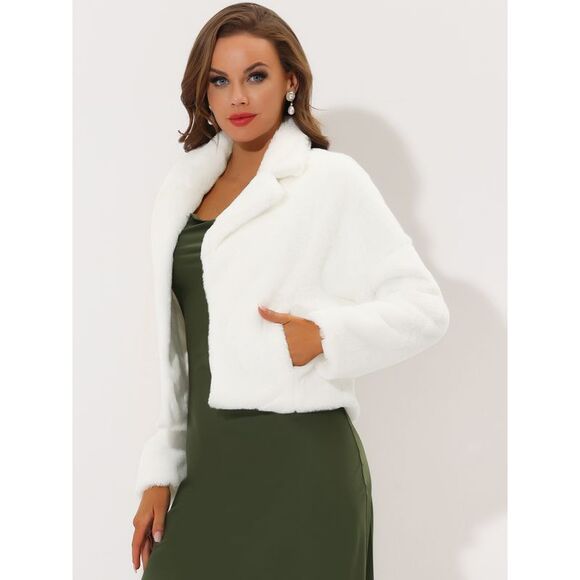 Notch Collar Long Sleeve Open Front Faux Fur Fluffy Cropped Jacket White - Picture 3 of 5